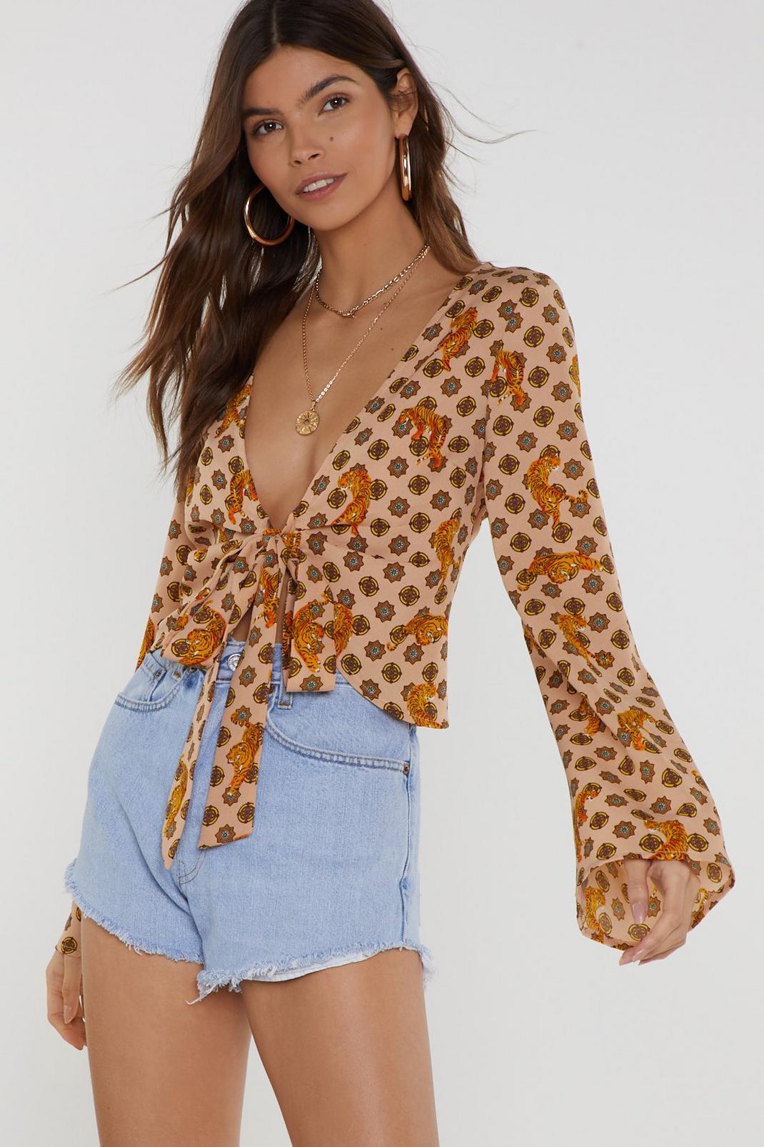 Tiger Print Flare Sleeve Tie Front Top image number 1