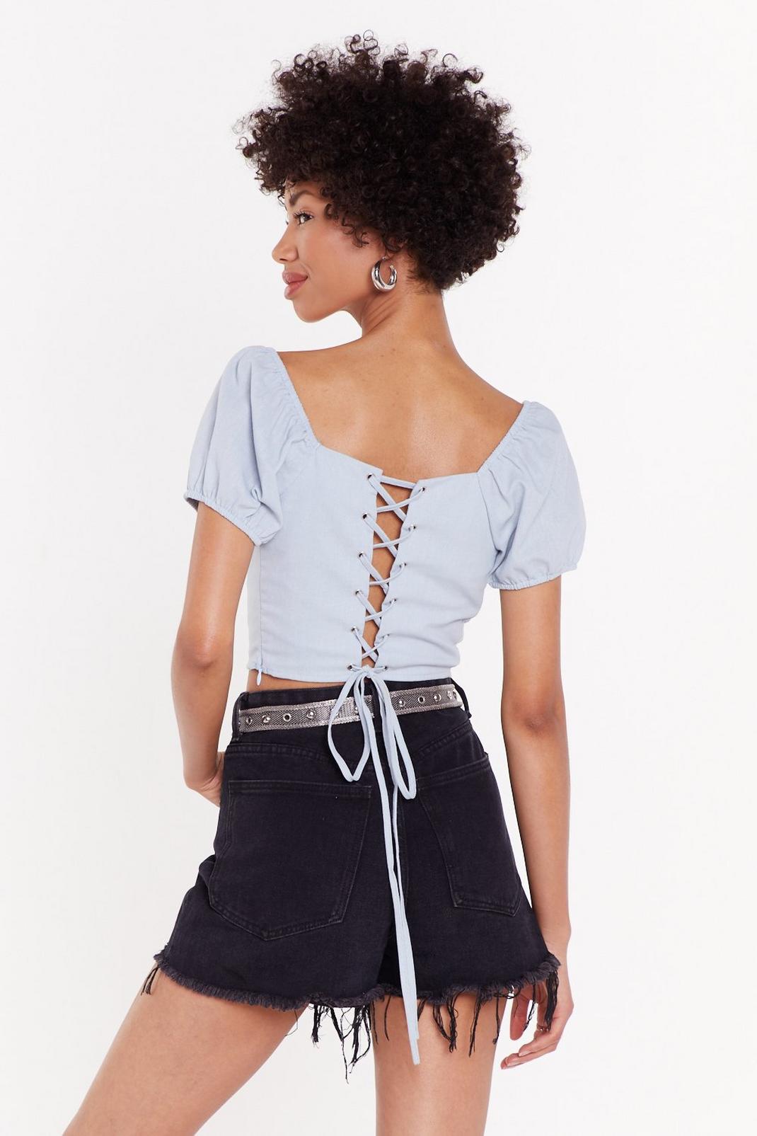 Lace-Up the Stakes Linen Cropped Blouse image number 1