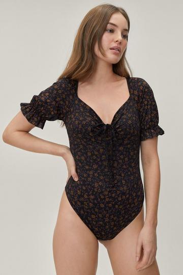 Ruched Floral Print Puff Sleeve Bodysuit black