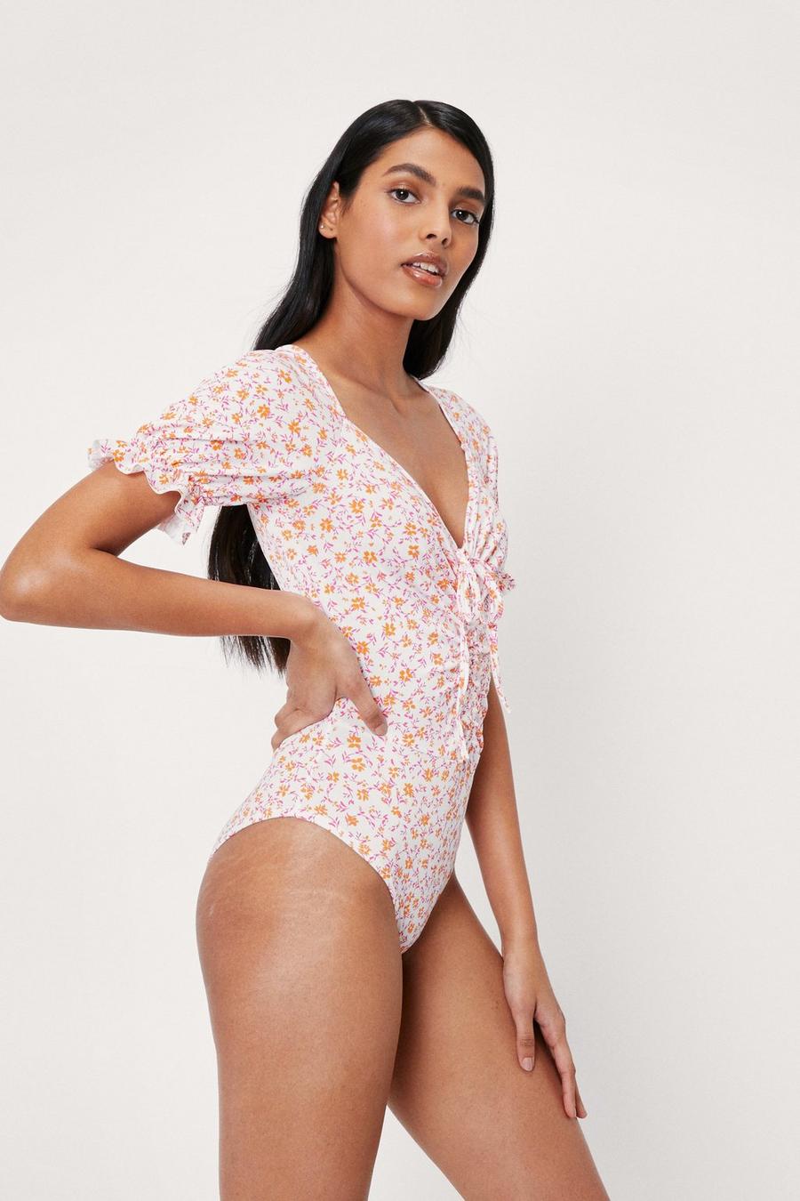 Ruched Floral Print Puff Sleeve Bodysuit