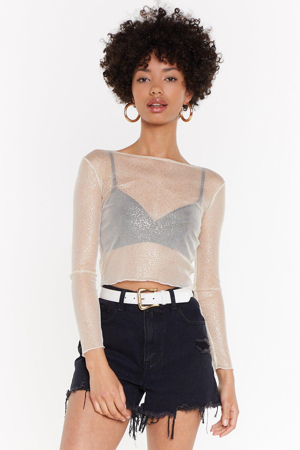 long sleeve glitter mesh top