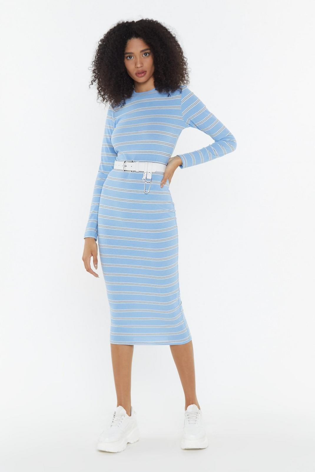 Blue Ribbed Striped Long Sleeve Dress image number 1