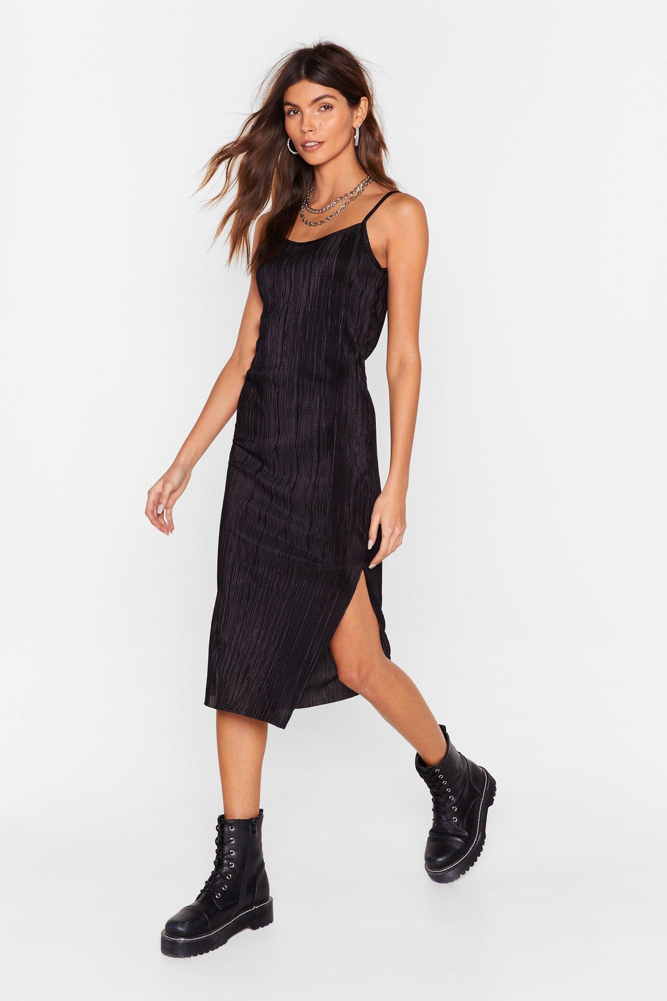 black plisse midi dress