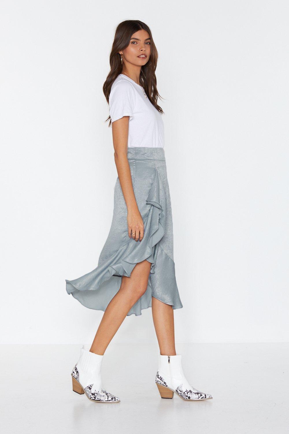 Ruffle midi 2025 wrap denim skirt