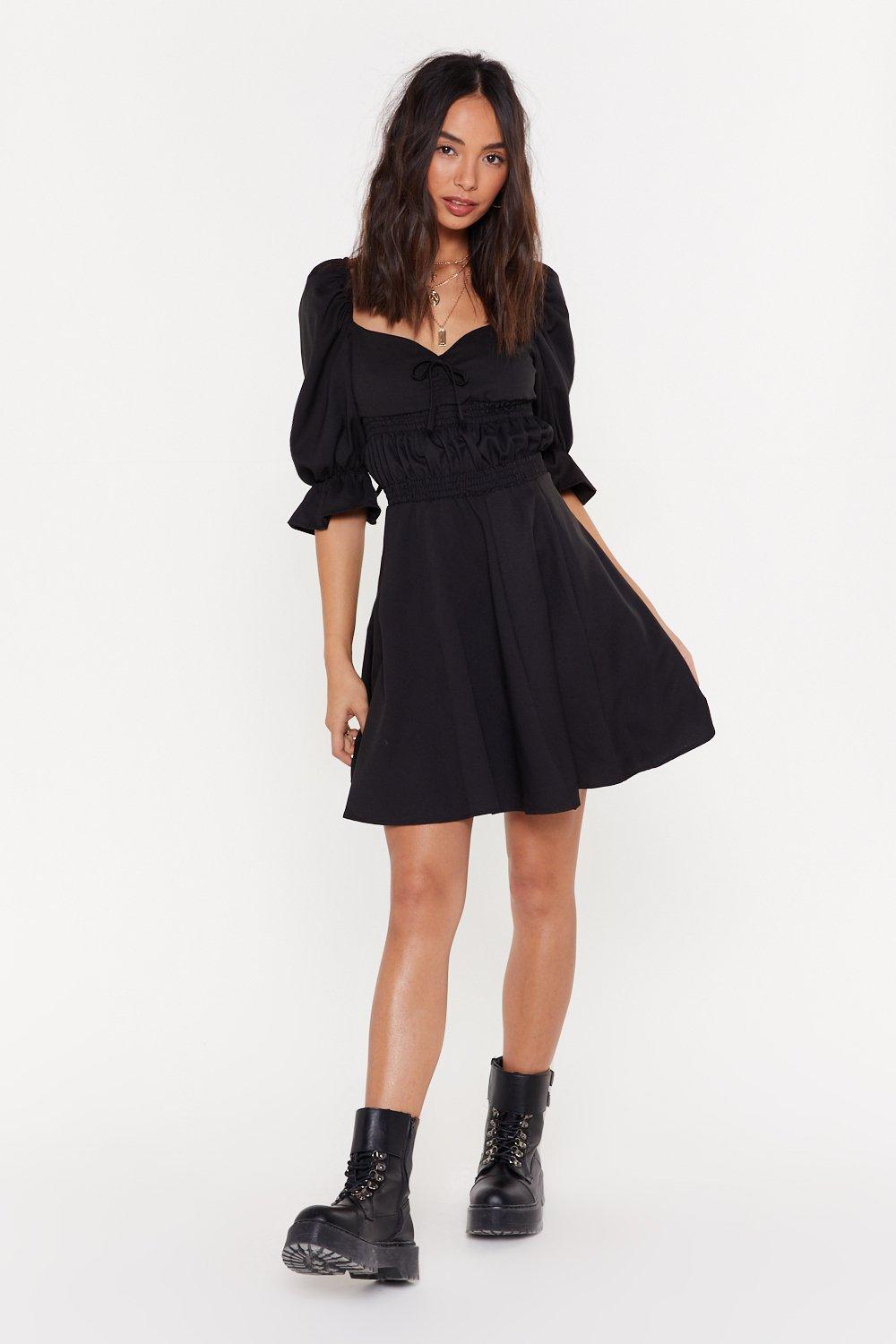 black fit and flare dress with sleeves