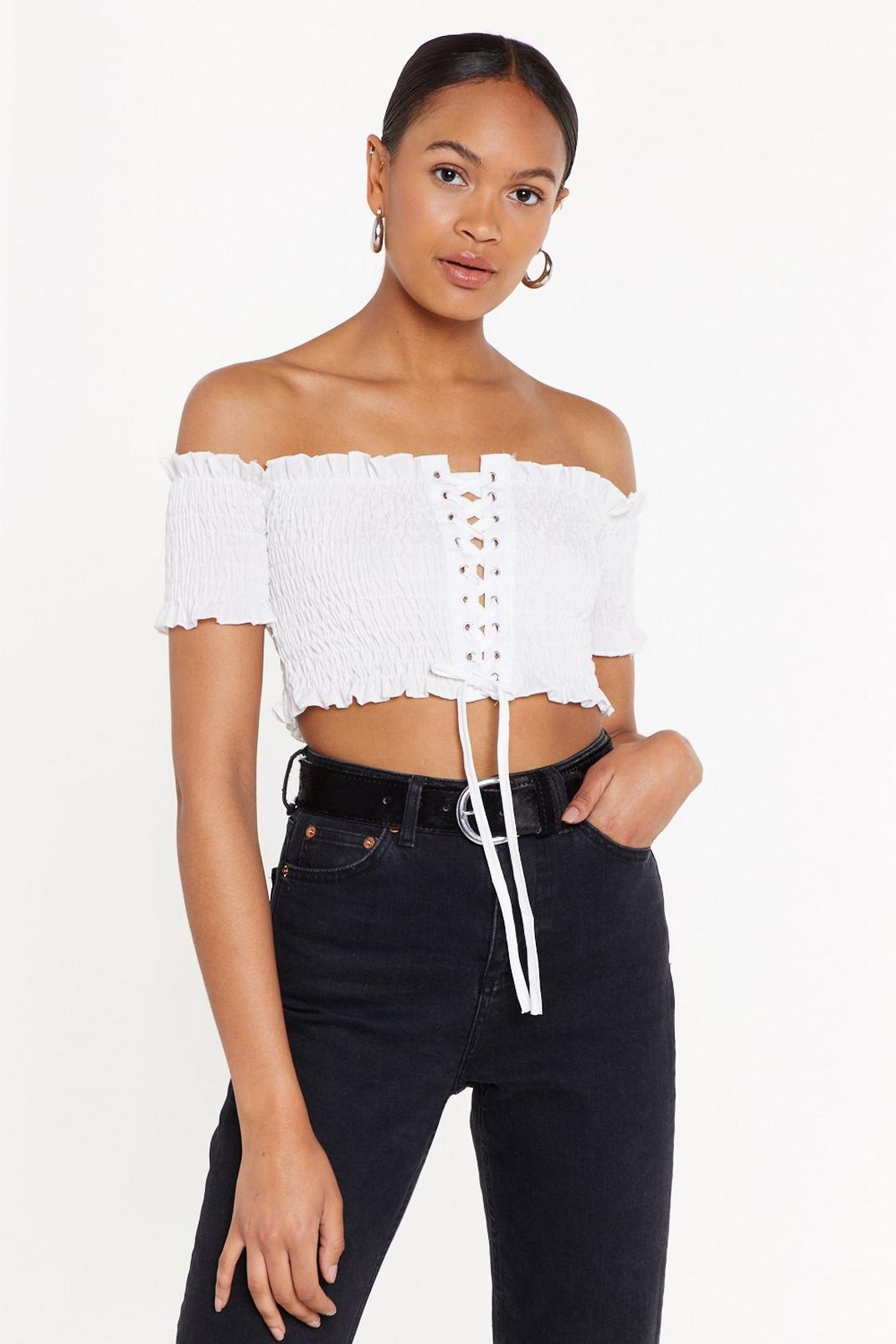 Lace-Up to You Shirred Off-the-Shoulder Top image number 1