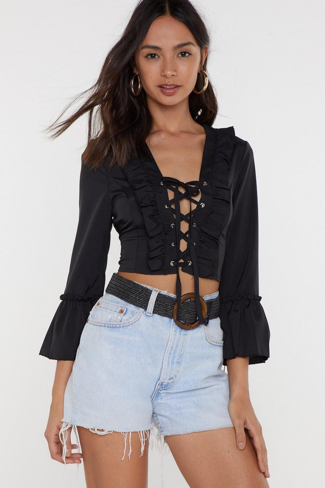 Is This to Your Lace-Up Cropped Blouse image number 1