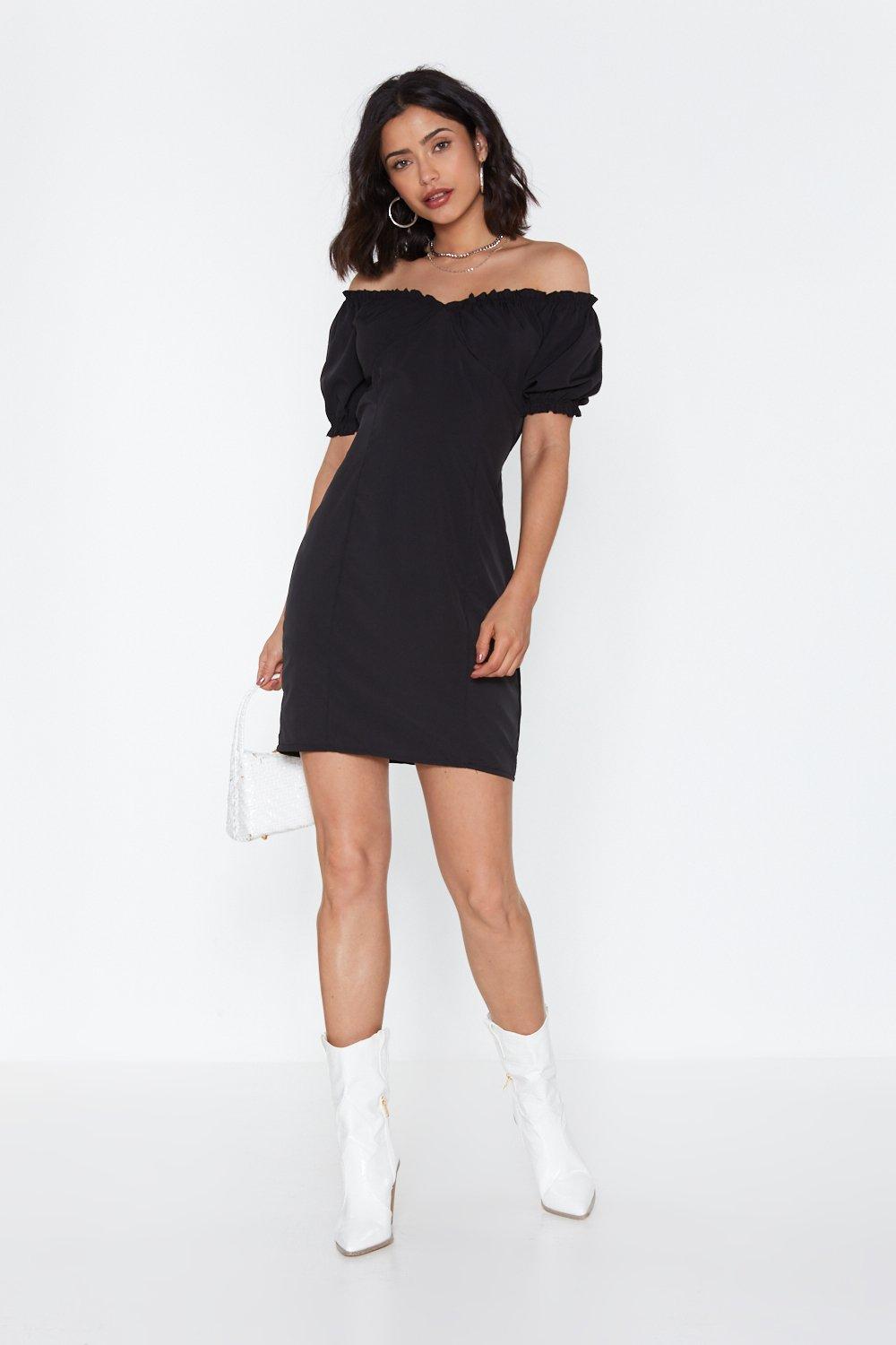 short black off the shoulder dress