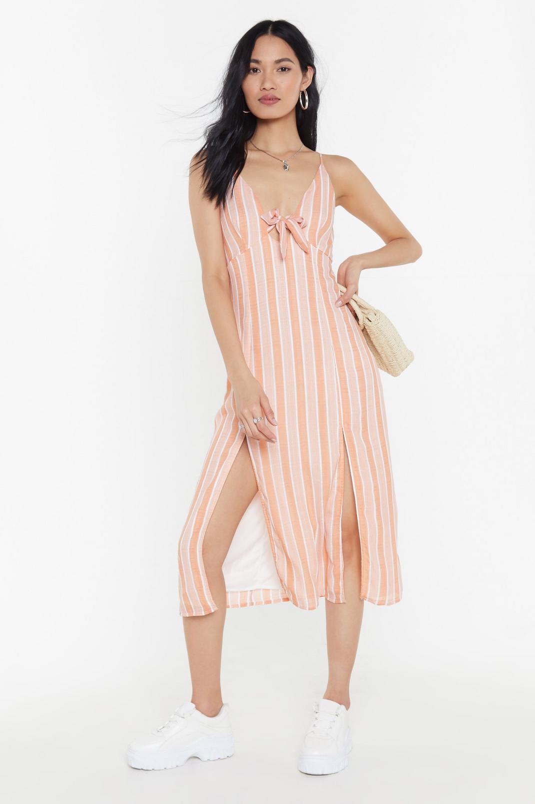 Peach Stripe Double Split Tie Front Midi Dress image number 1