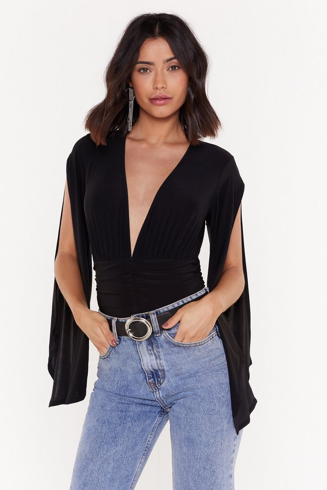 Here's Open Plunging Cape Sleeve Bodysuit image number 1