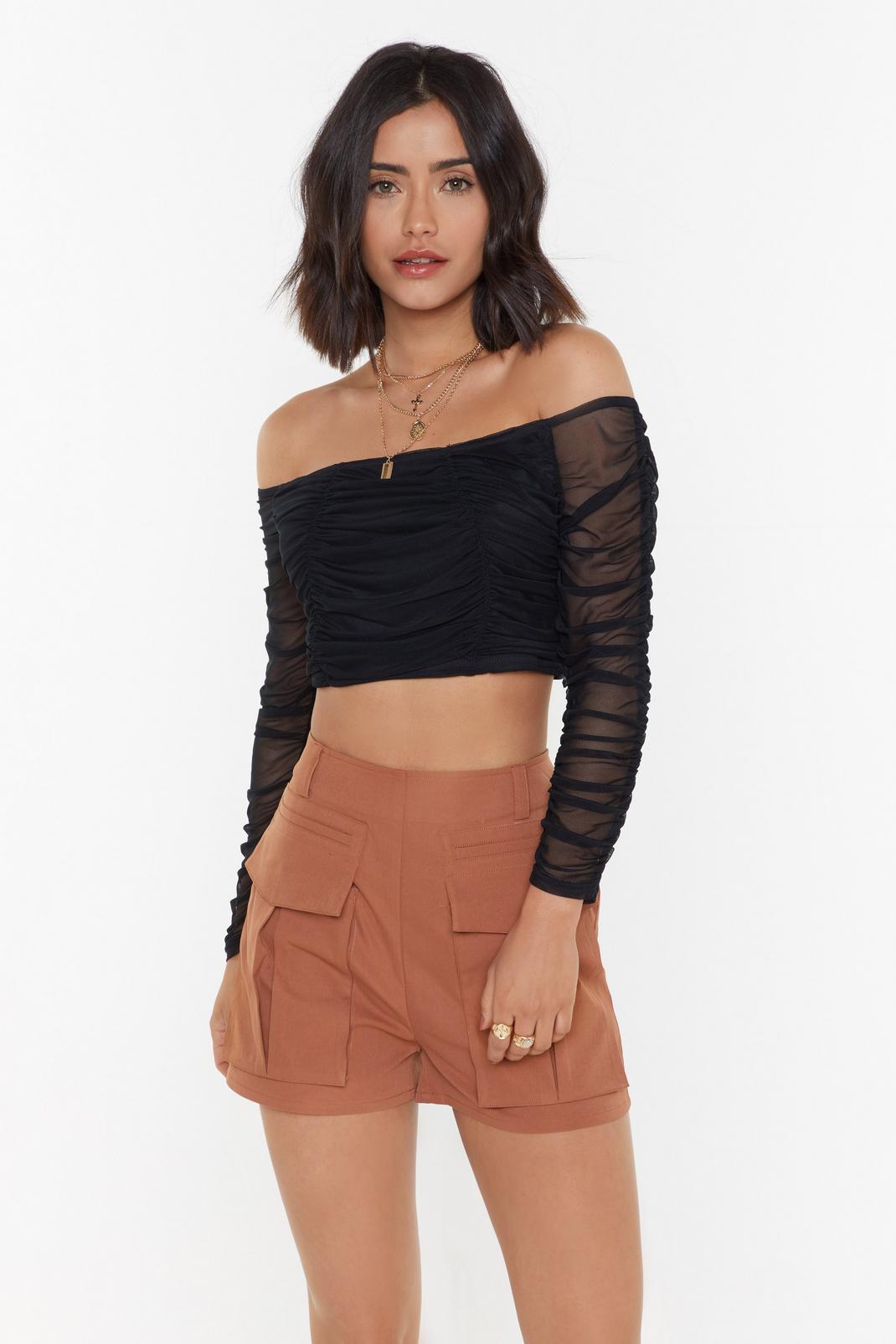 Ruched Mesh Cropped Bardot Top image number 1