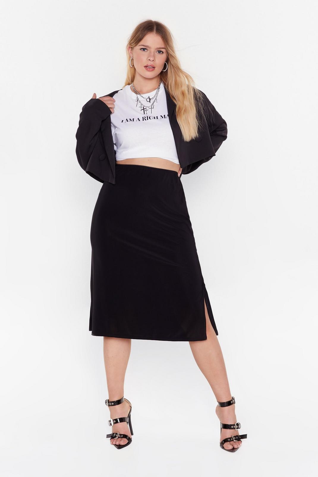 Black Plus Size Jersey Split Midi Skirt image number 1
