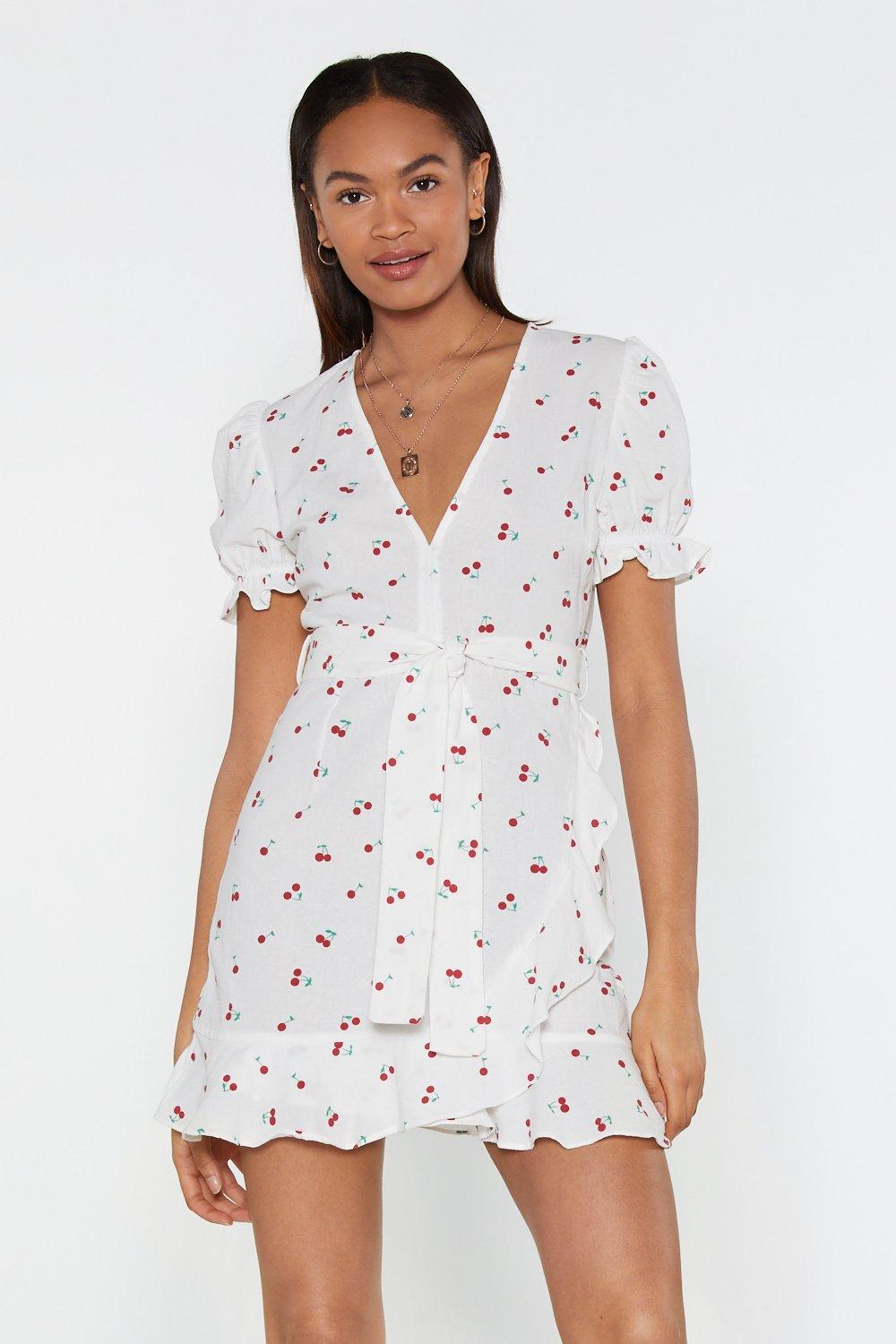 white cherry wrap dress