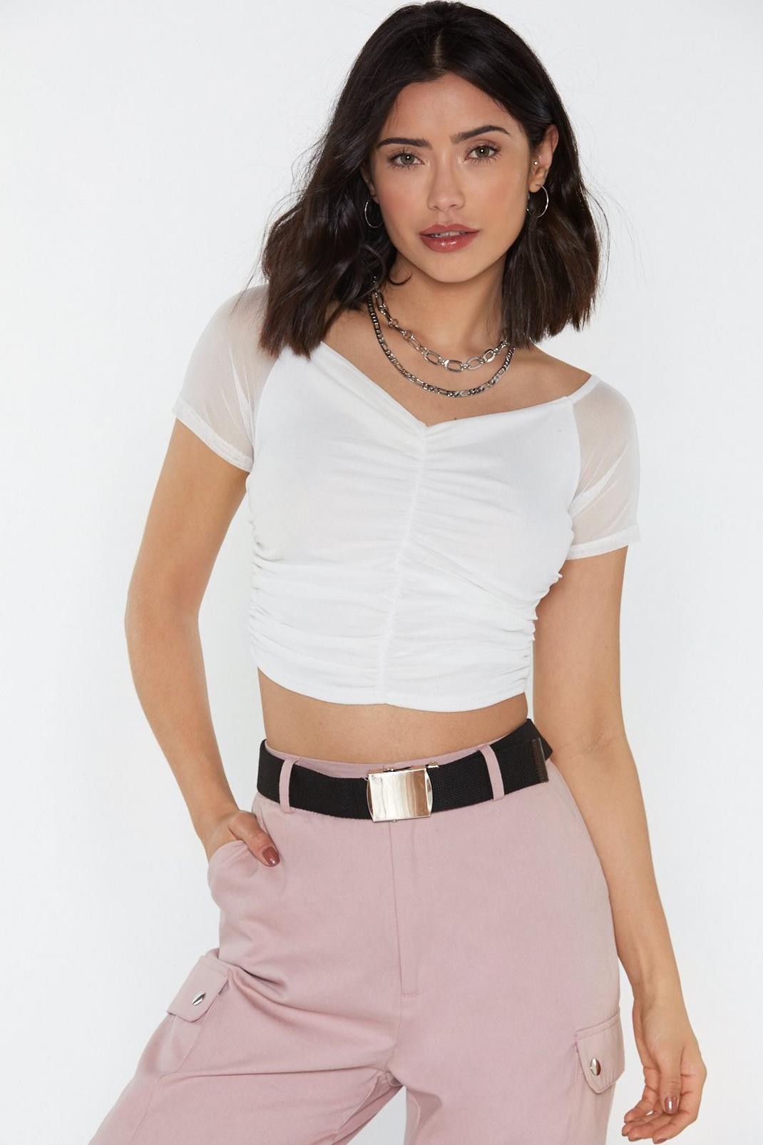 White Ruched Mesh Cropped Bardot Top image number 1