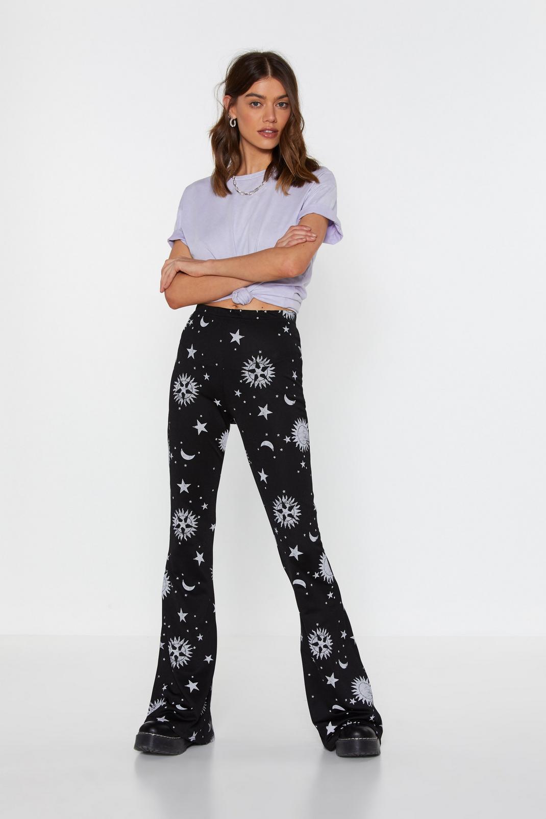 Black Galaxy Print Flare Pants with Stretch Waist image number 1