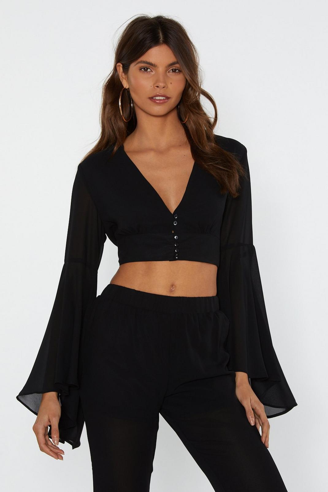 Black Button Front Flare Sleeve Top image number 1