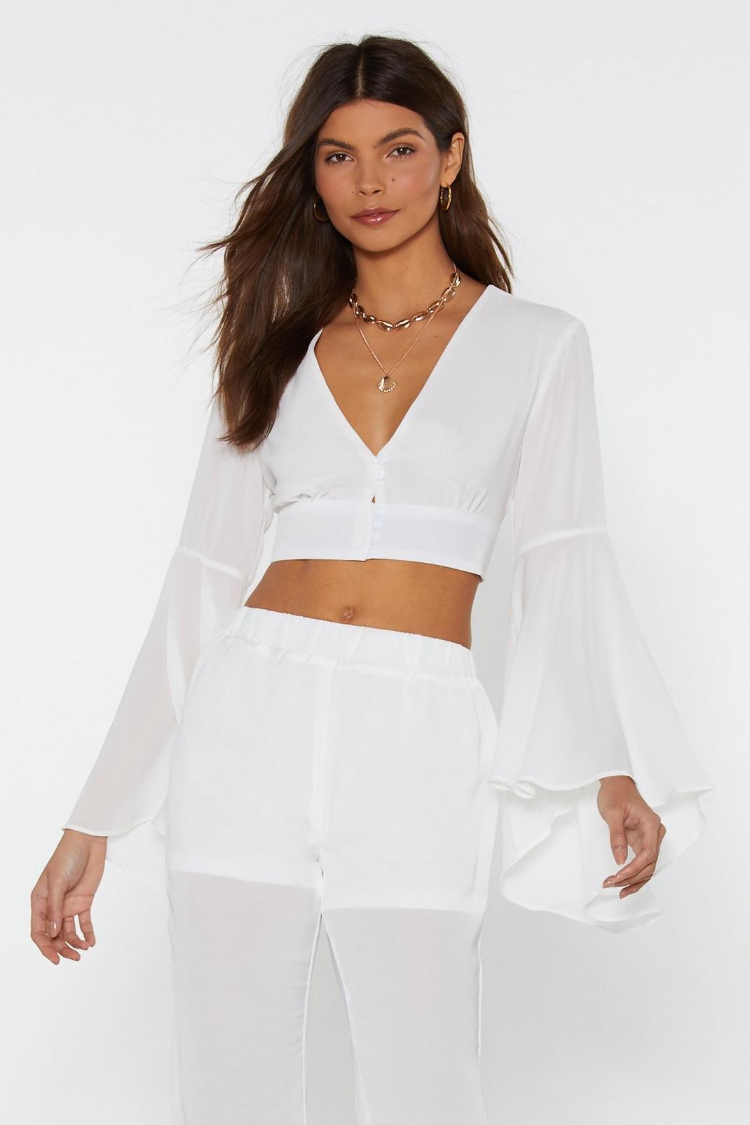 White Button Front Flare Sleeve Top image number 1