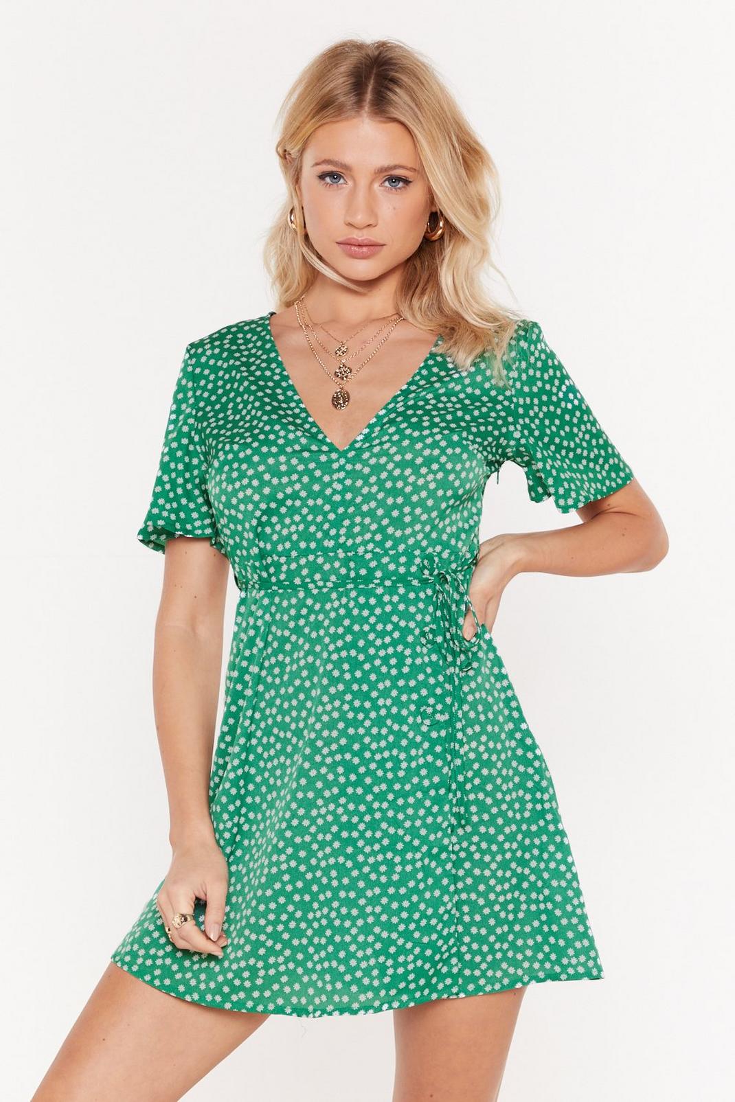 Green Daisy Print Wrap Style Tea Dress image number 1