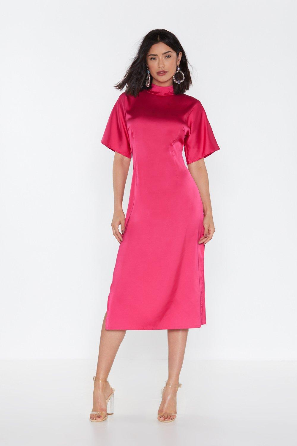 hot pink midi dress with sleeves
