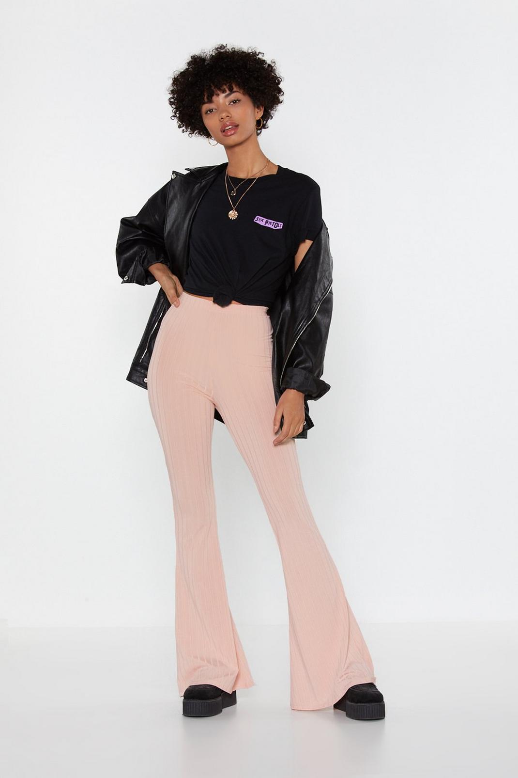 Let Your Flare Down Ribbed High-Waisted Pants image number 1