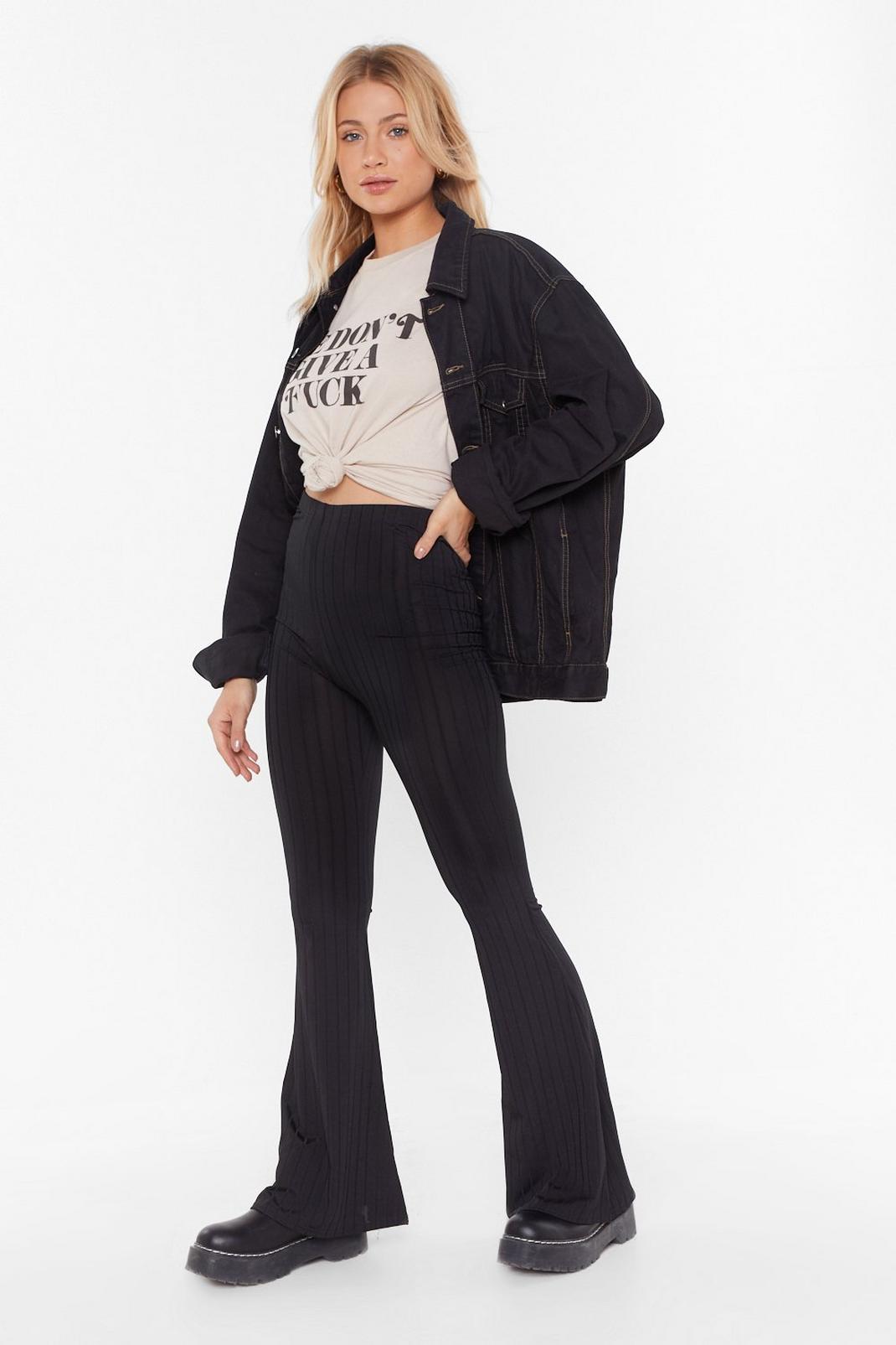 Black This Ain't Flare Ribbed High-Waisted Pants image number 1
