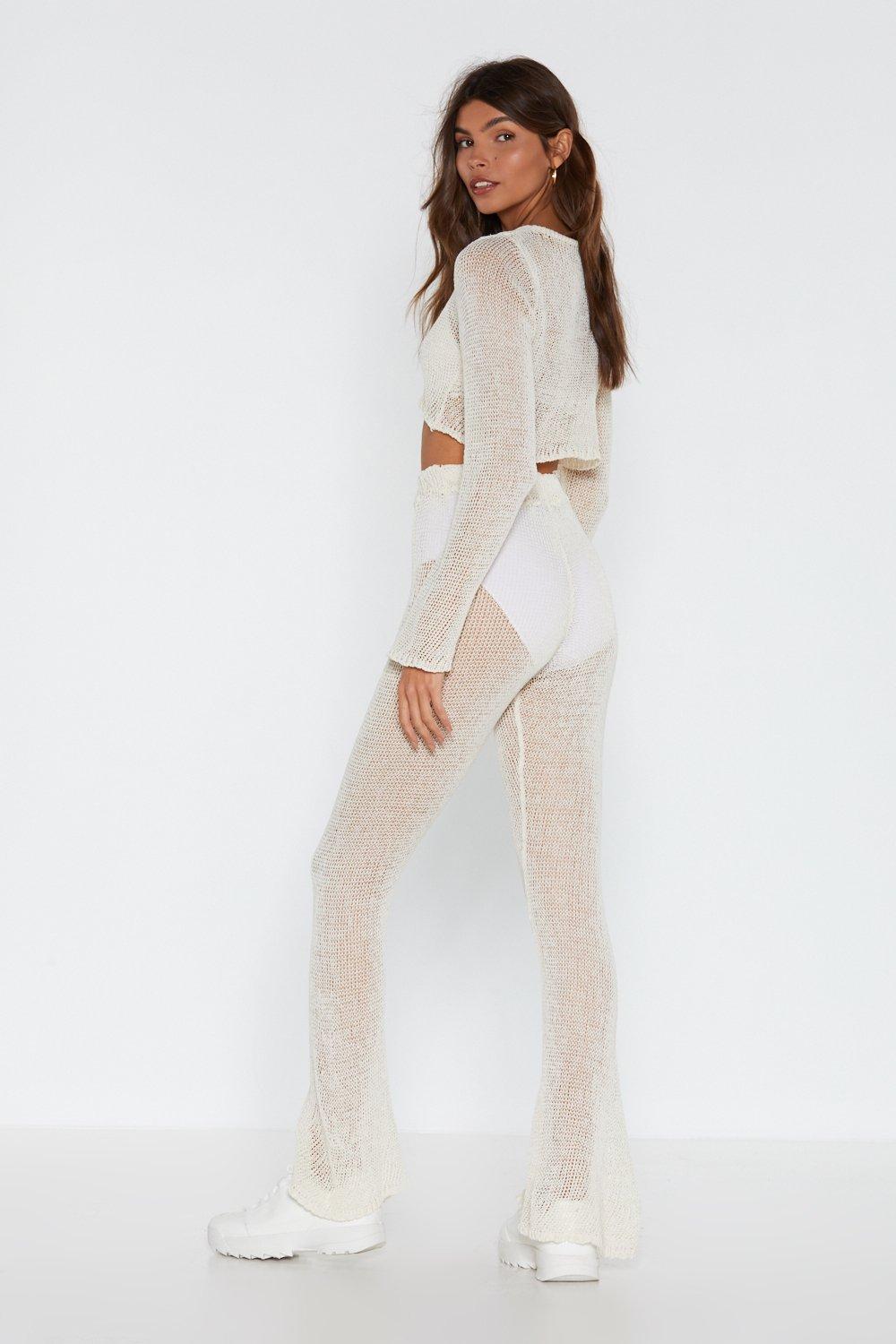 White Lace Sheer Flare Leg Trousers