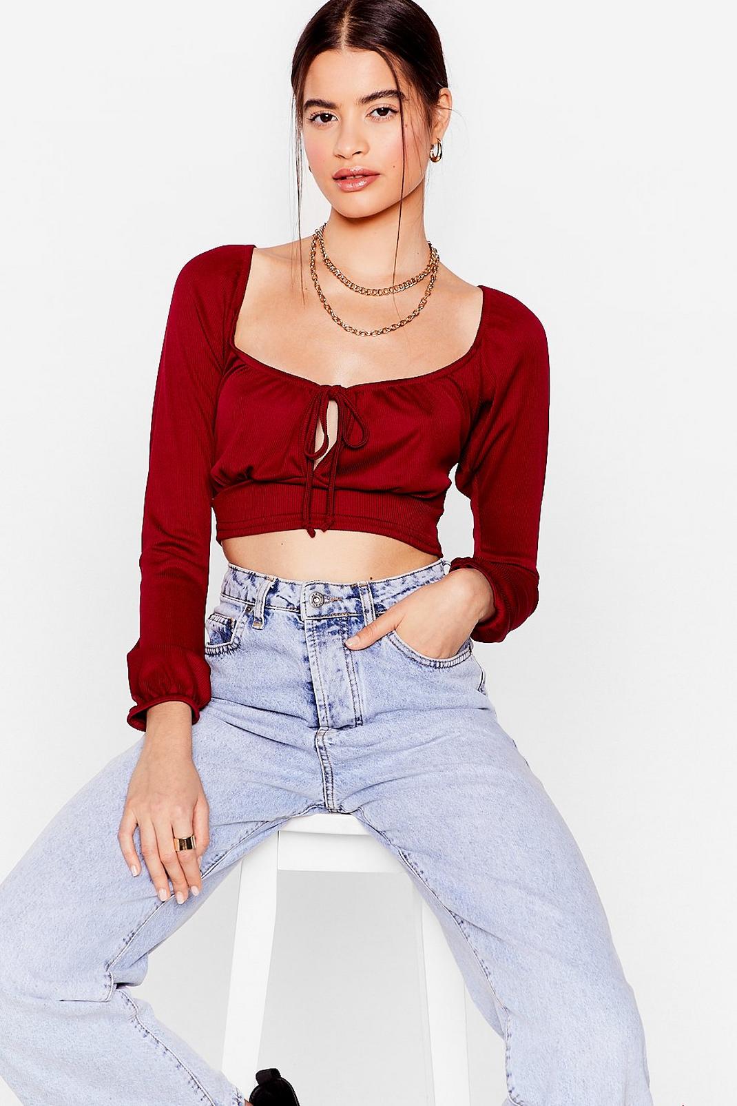 Berry Square Neck Long Sleeve Tie Crop Top image number 1