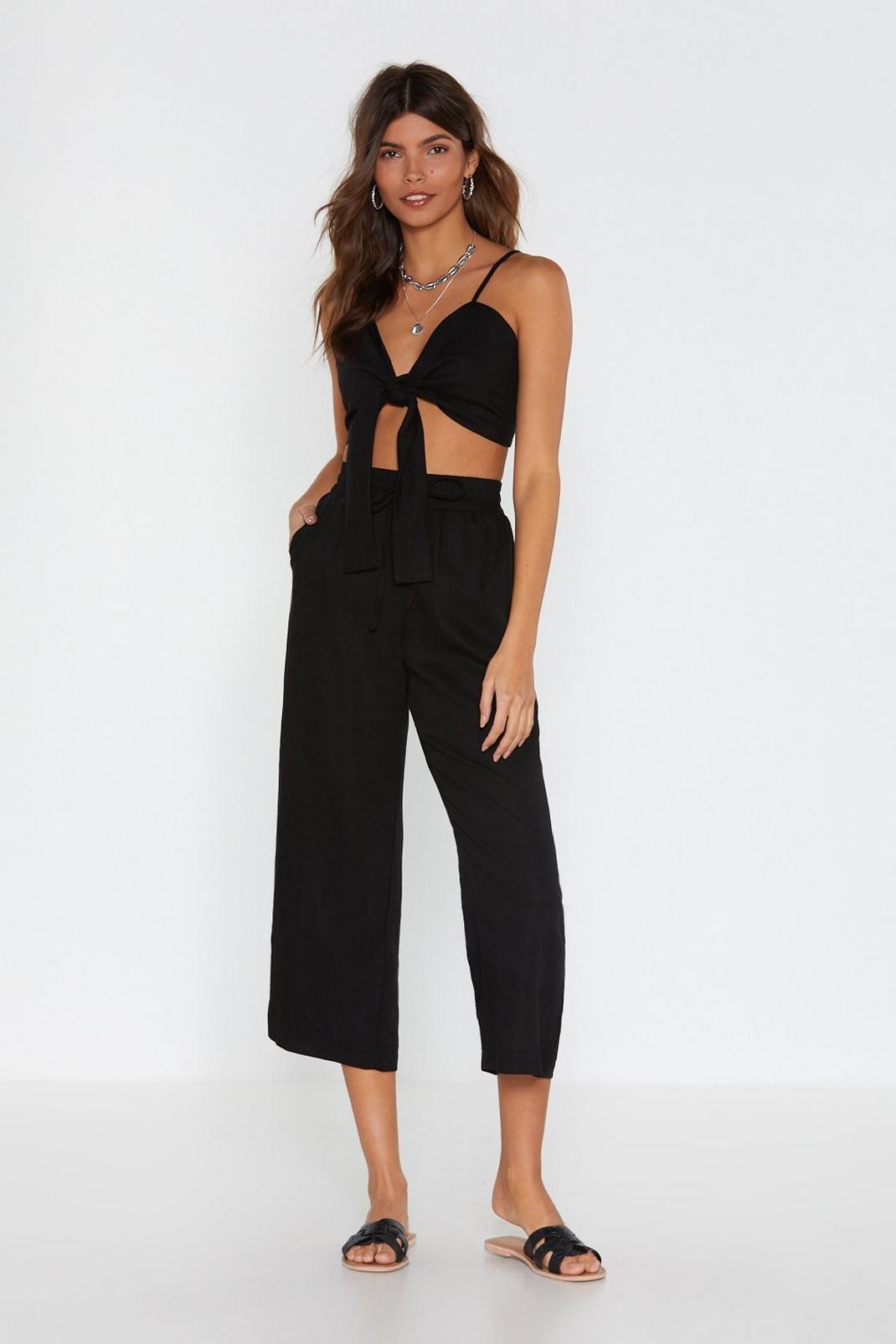 Black Cropped Linen Wide Leg Trousers image number 1