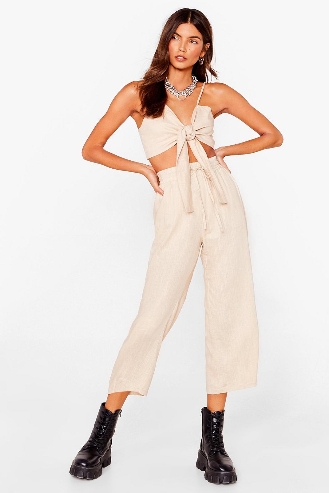 Ecru Cropped Linen Wide Leg Trousers image number 1
