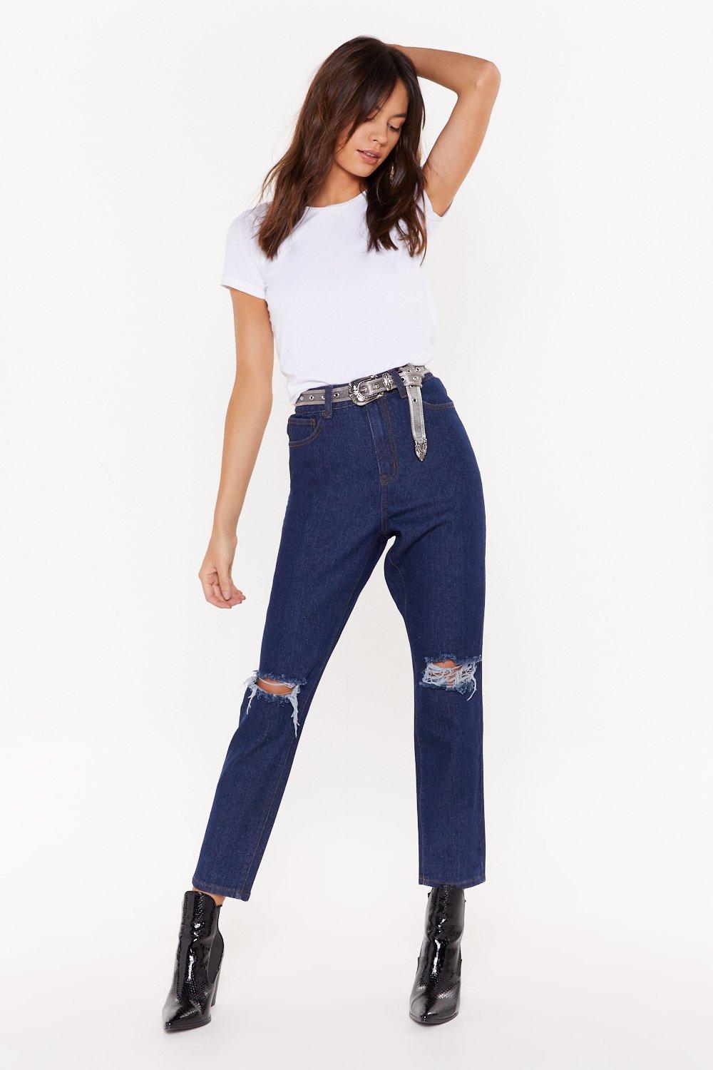 dark blue ripped mom jeans