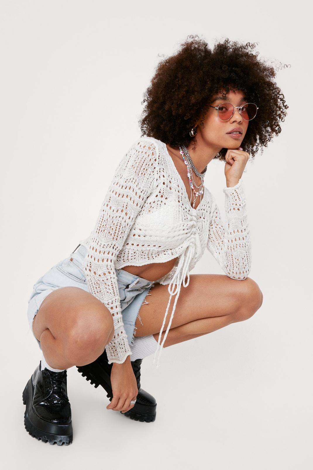 White Don't Ruche Babe Crochet Crop Top image number 1