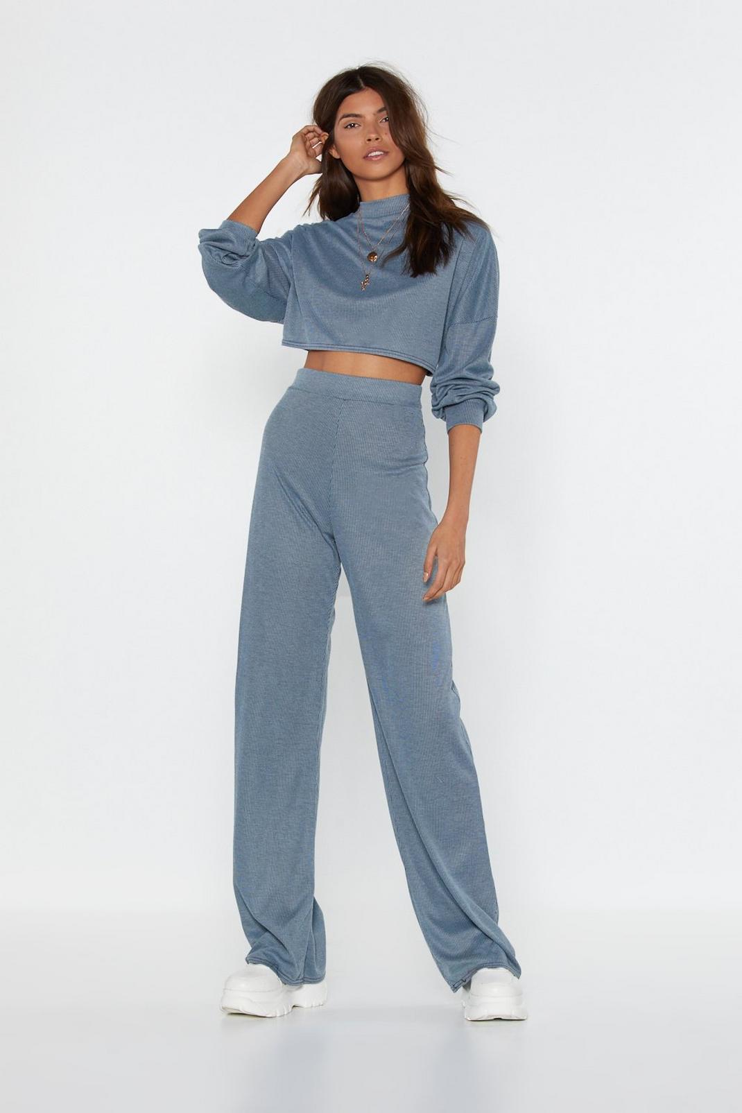 Blue Basic Crop Top and Pants Loungewear Set image number 1