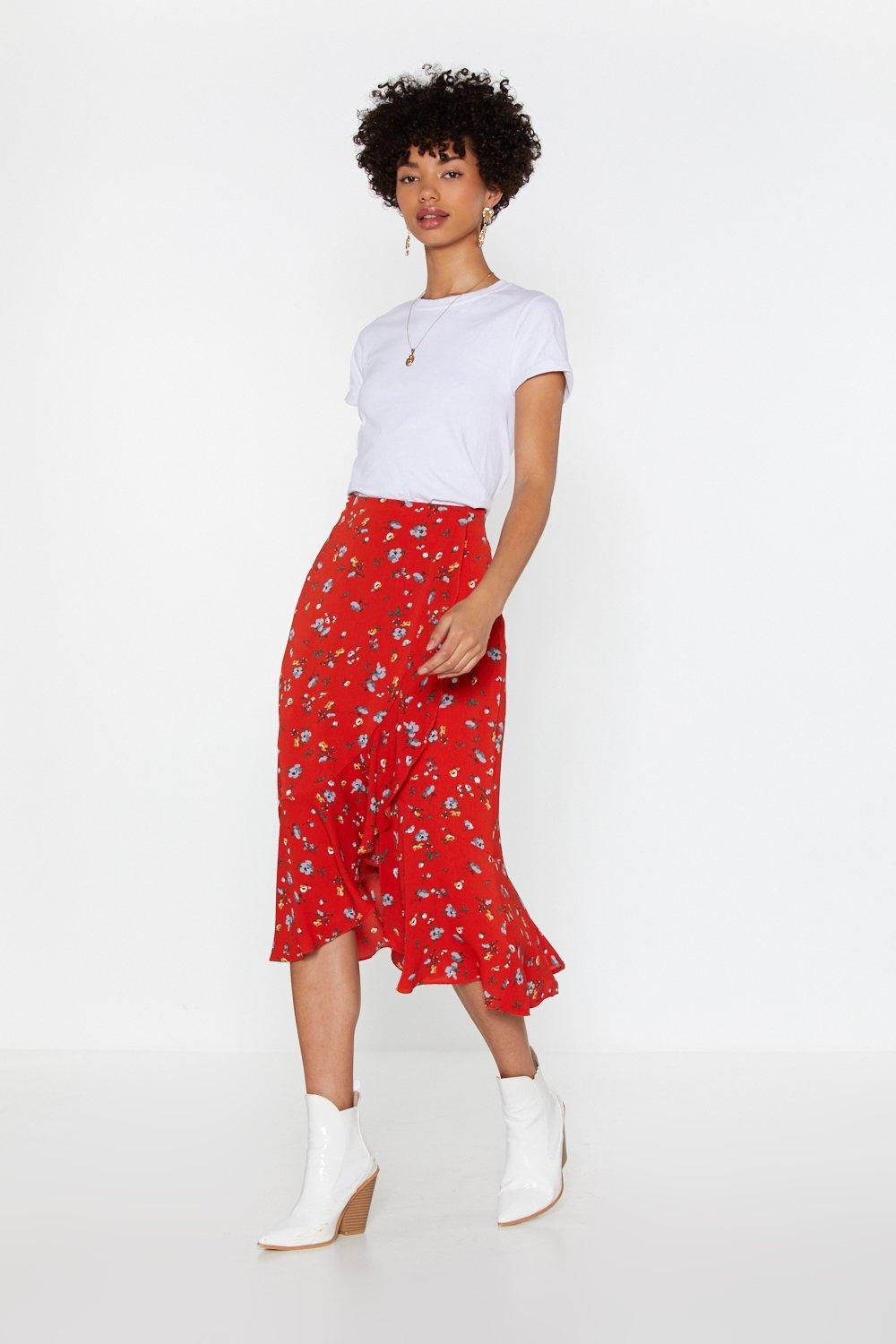 red floral midi skirt