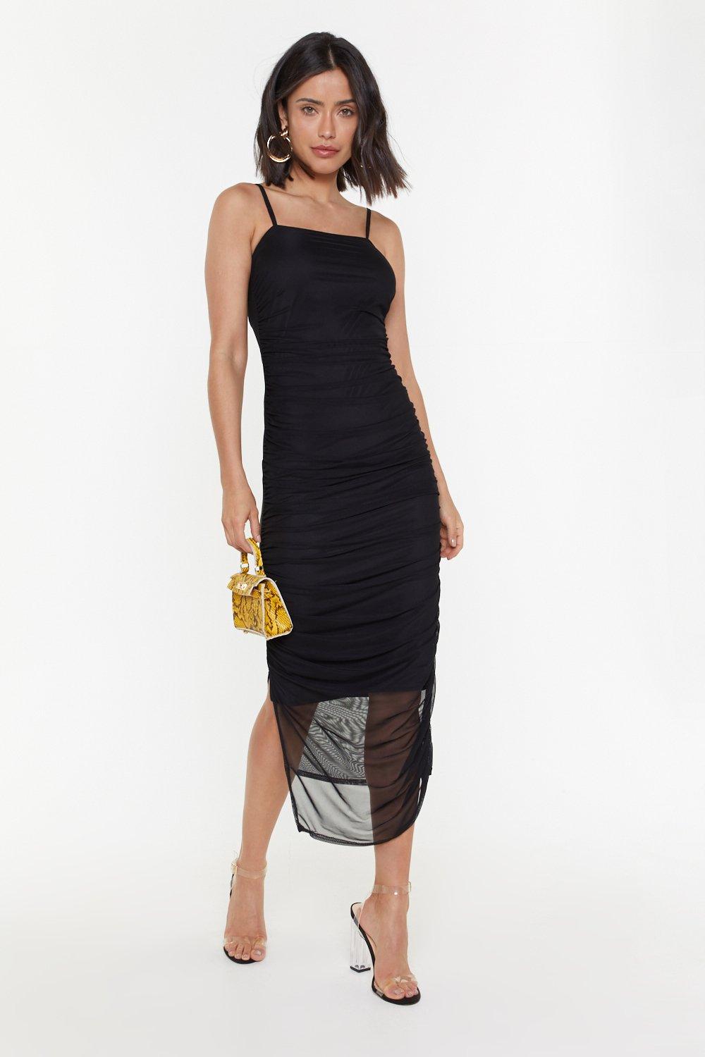 square neck ruched midi dress