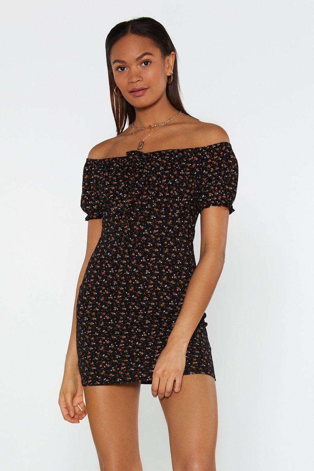 black floral off the shoulder dress