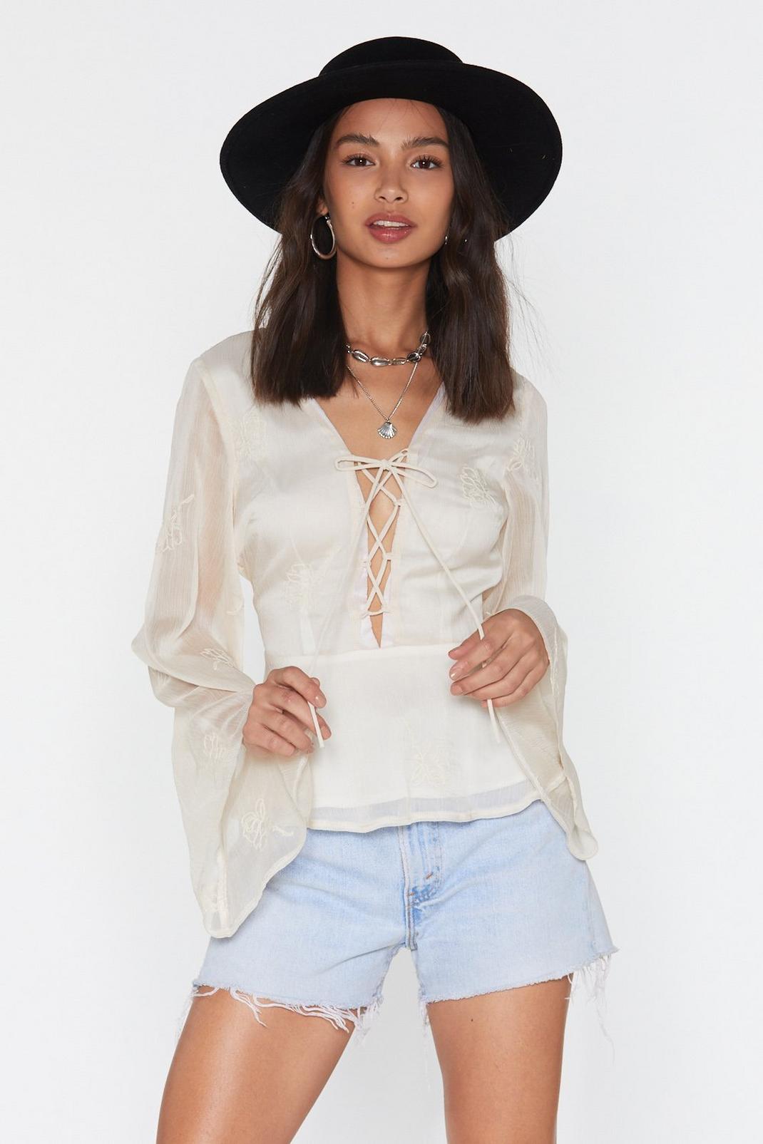 Lace Up Embroidered Blouse image number 1
