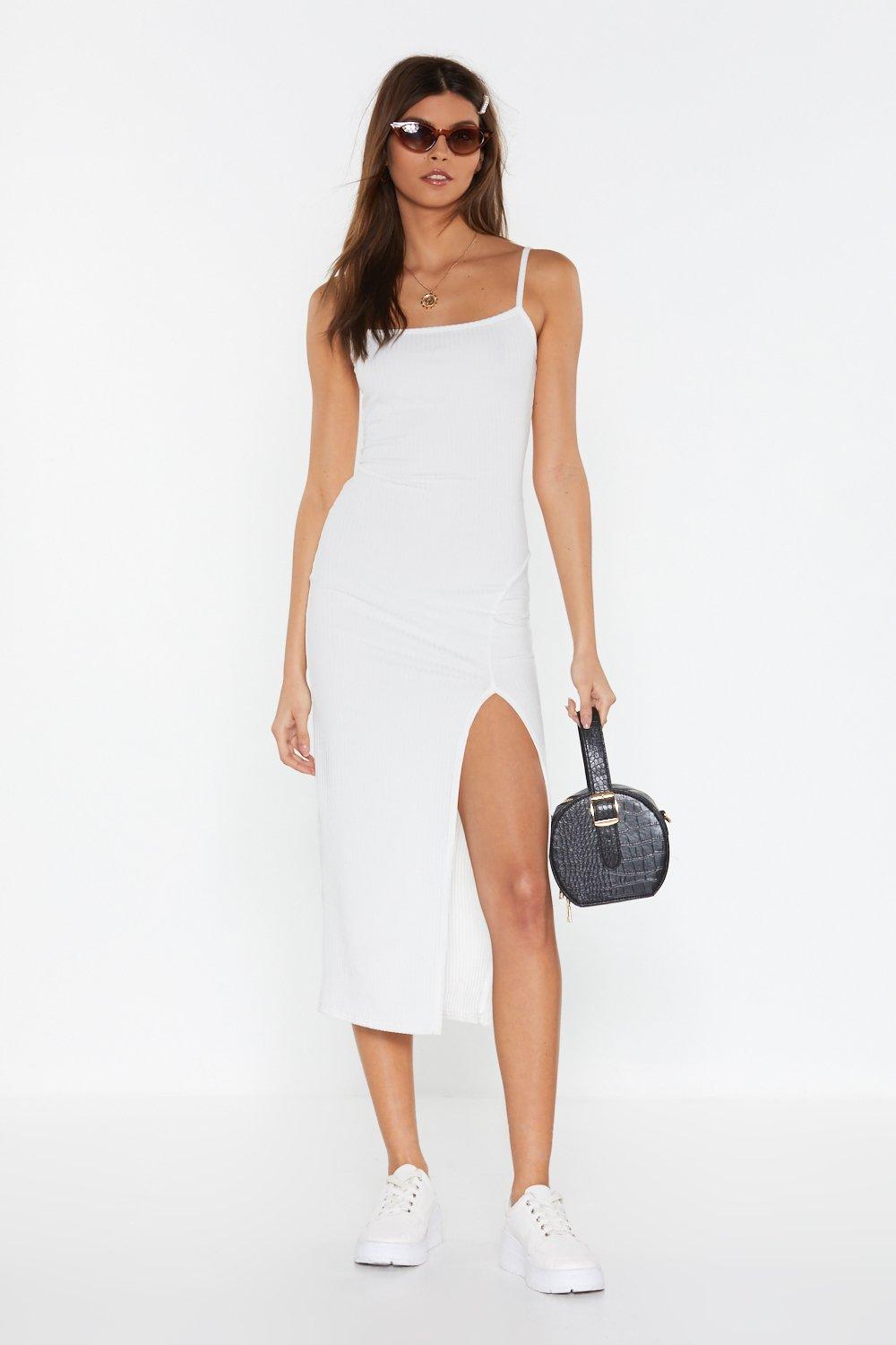 ribbed white midi dress