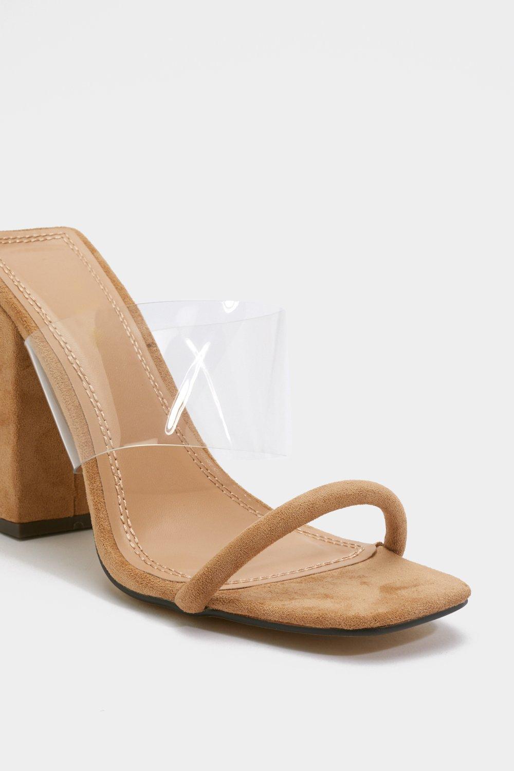 Clear strap block store heel mules