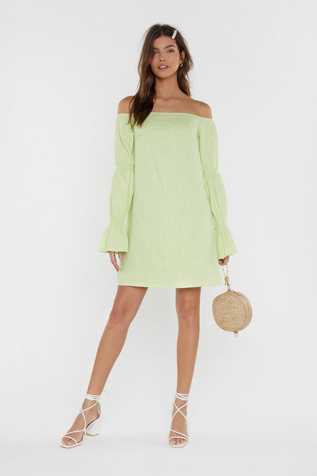 Lime Linen Bardot Seam Sleeve Detail Mini Dress image number 1