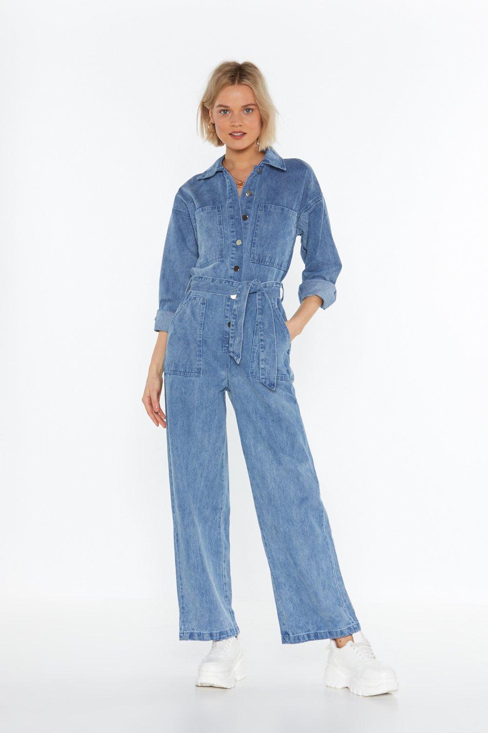 denim flare leg jumpsuit