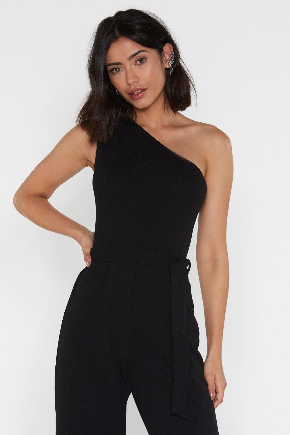 Off one shoulder pierced store belted wide leg jumpsuit