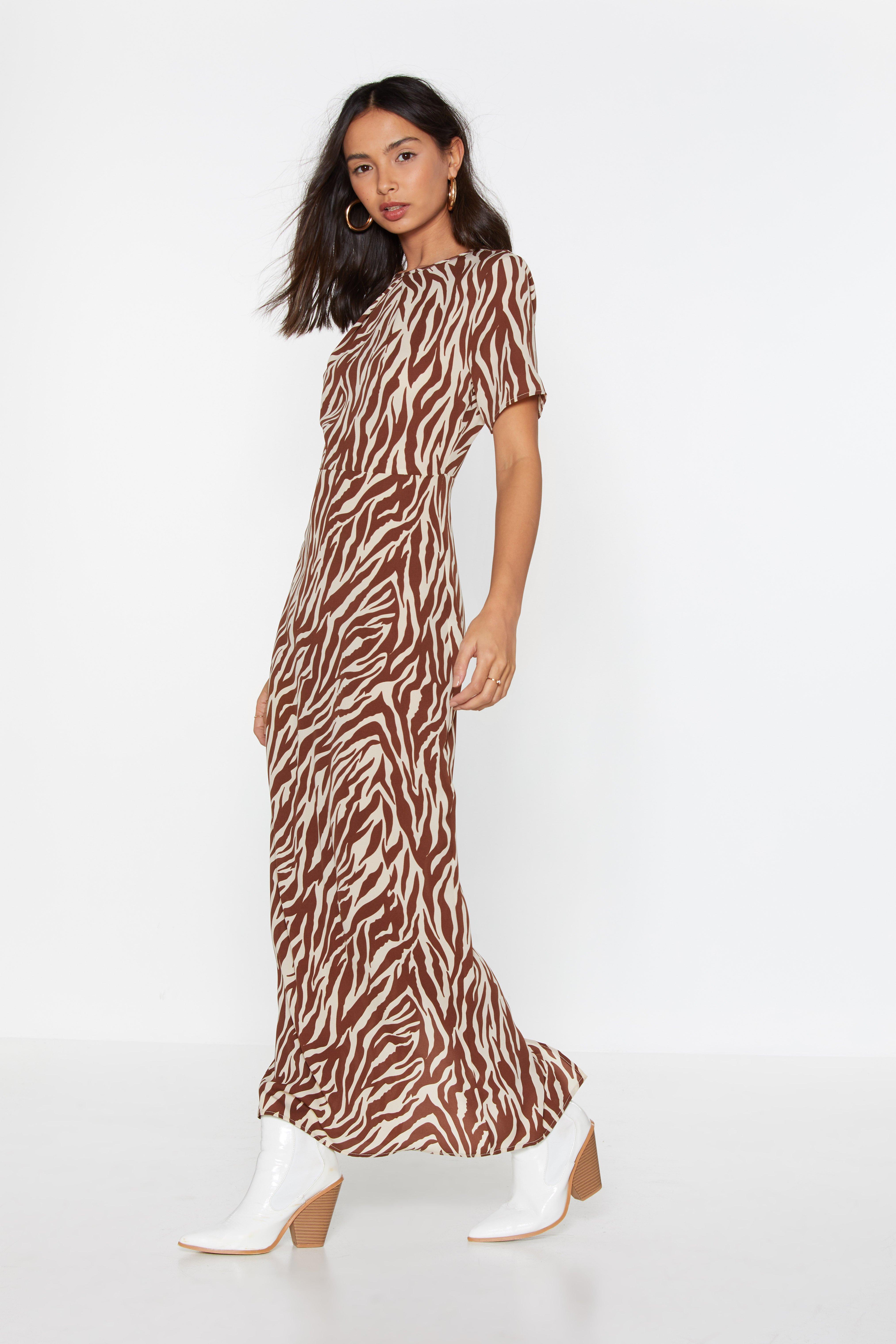 Brown Wild Zebra Print maxi modest dress