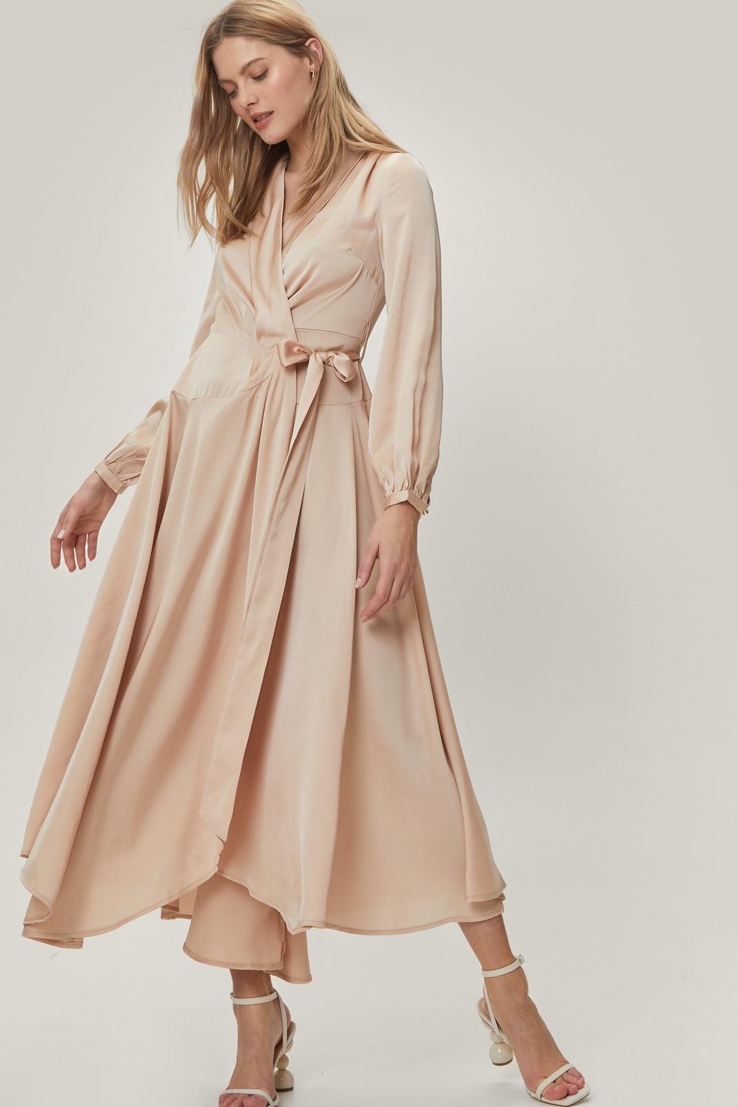 Champagne Satin Long Sleeve Belted Maxi Wrap Dress image number 1