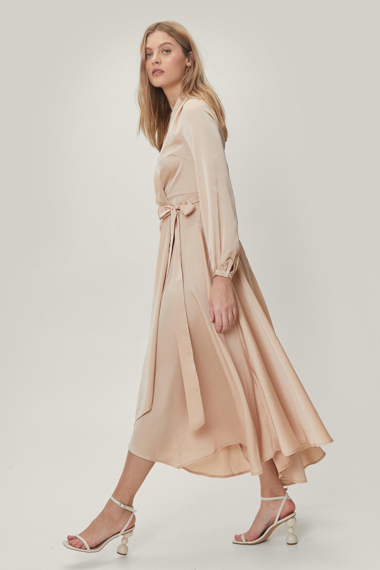 long sleeve satin wrap dress