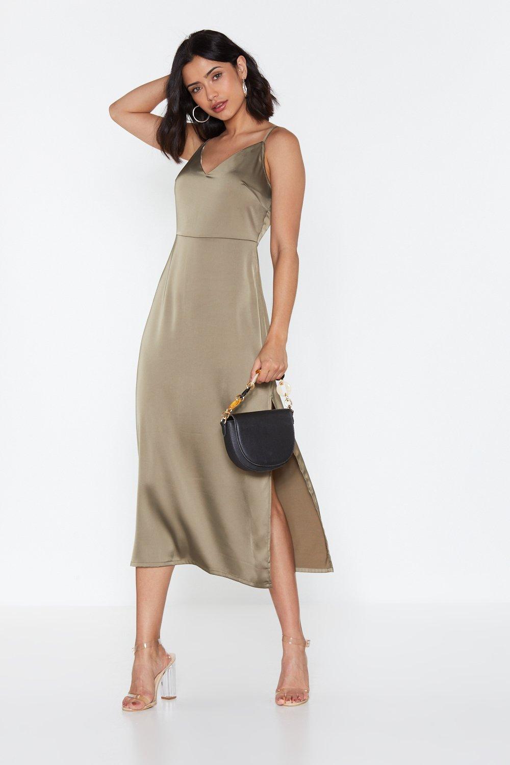 khaki satin midi dress