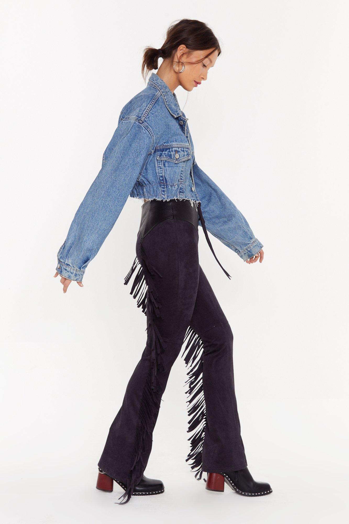 Faux Suede Fringe Flare Pants