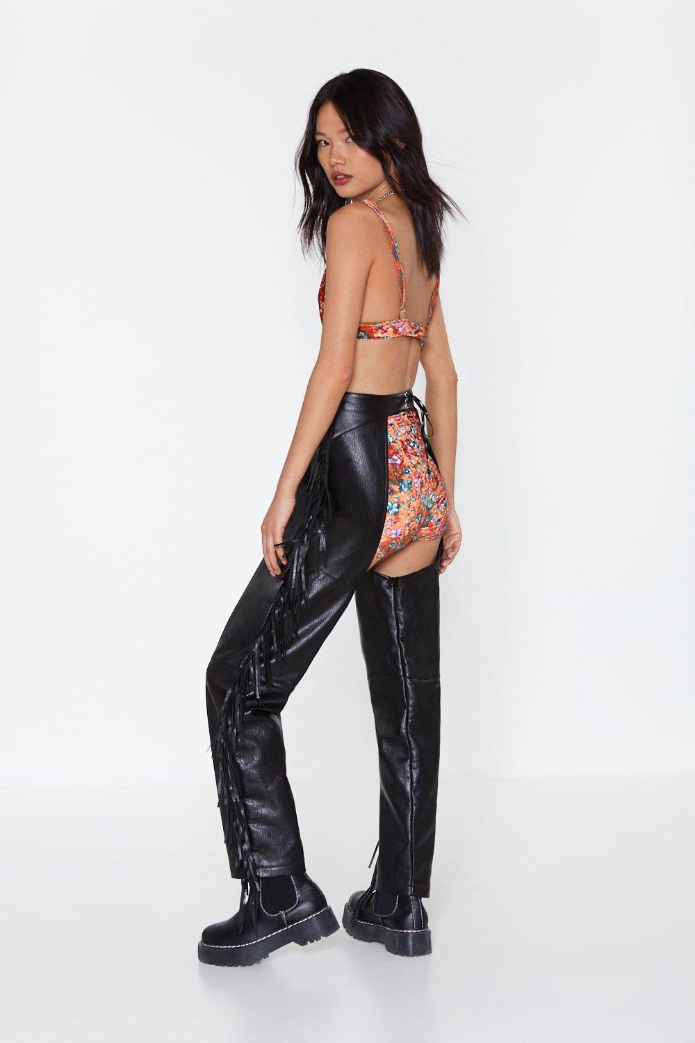 The Sway Forward Fringe Faux Leather, Faux Leather Chaps
