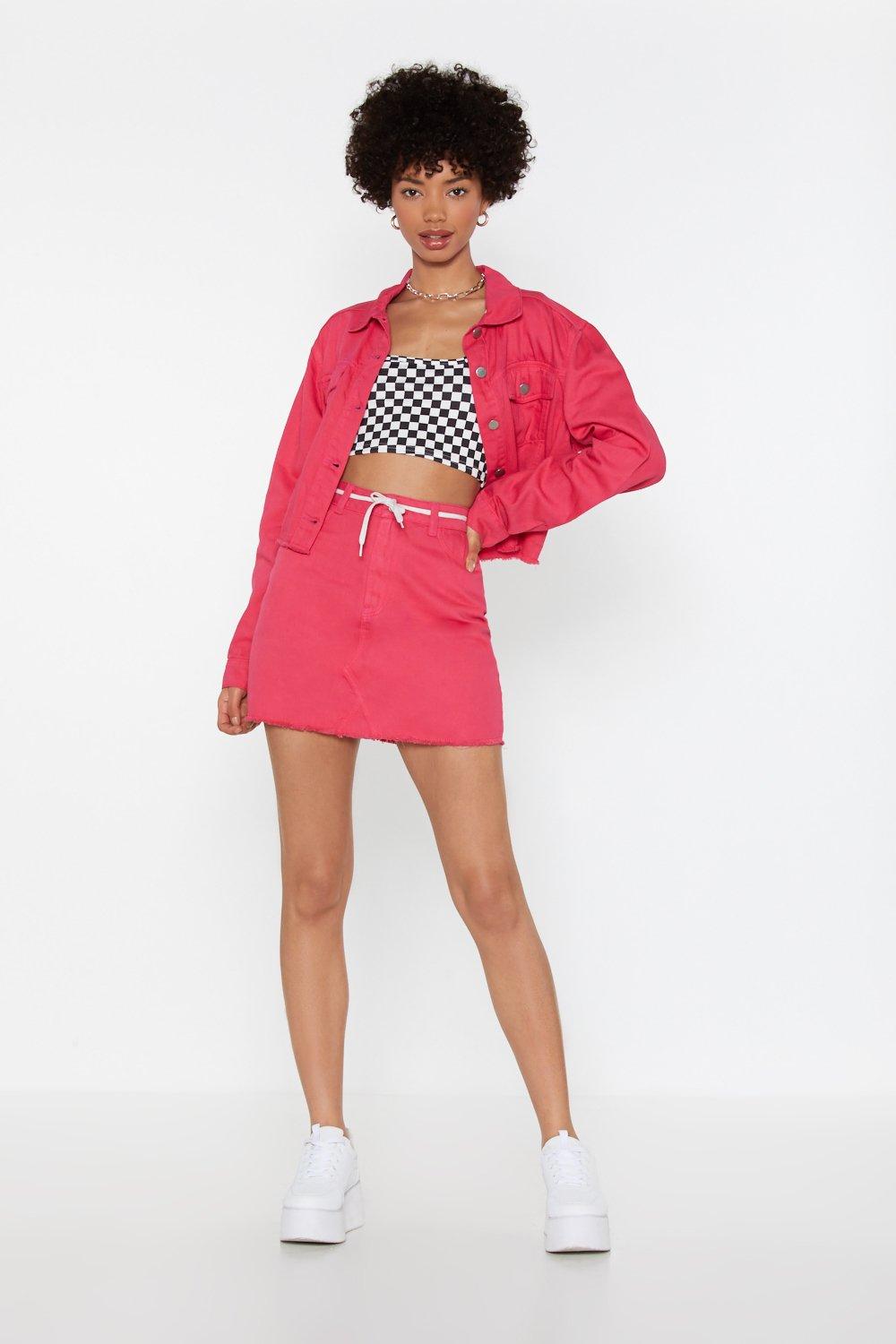 pink denim jacket and skirt