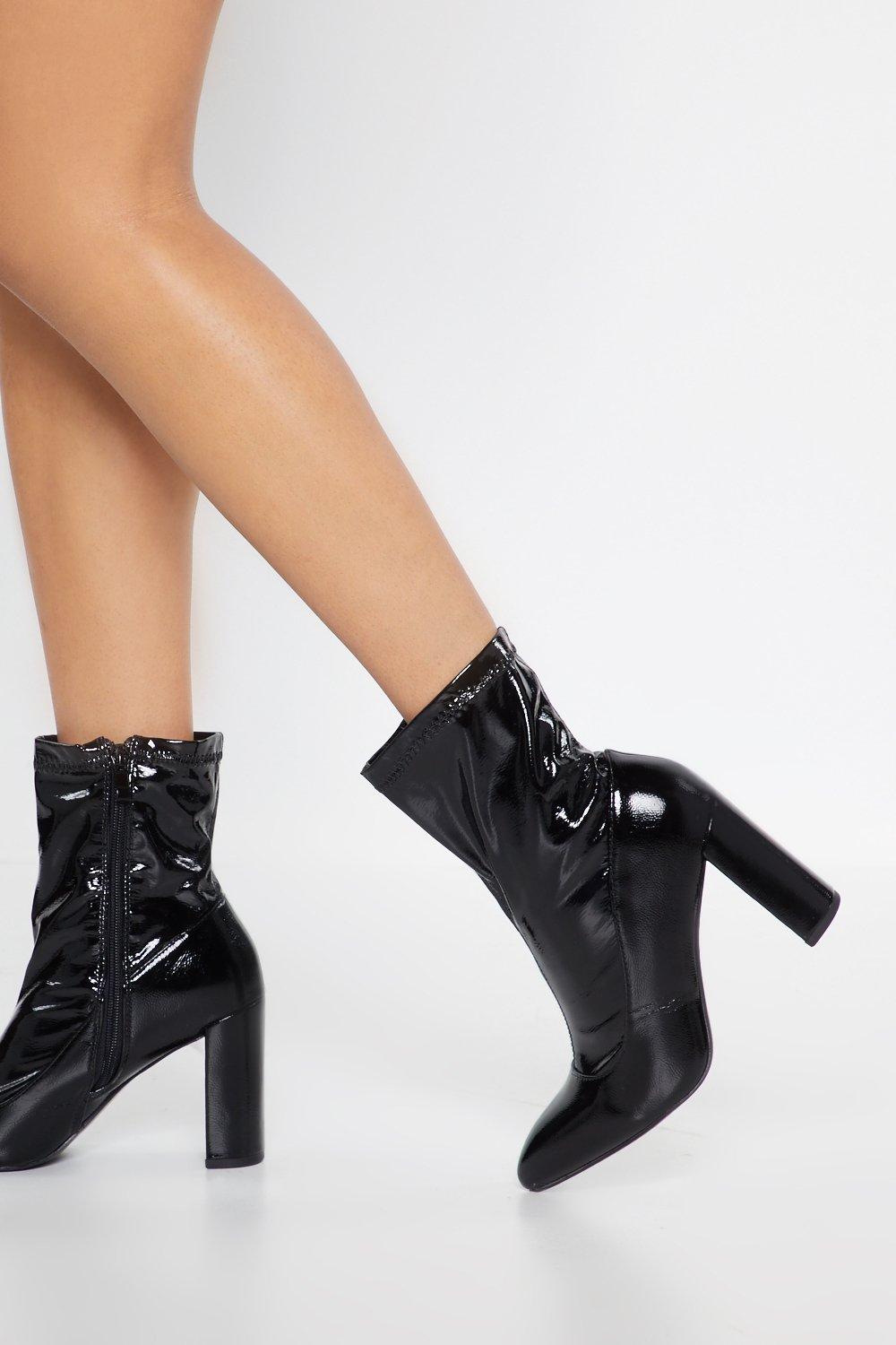 black patent block heel boots