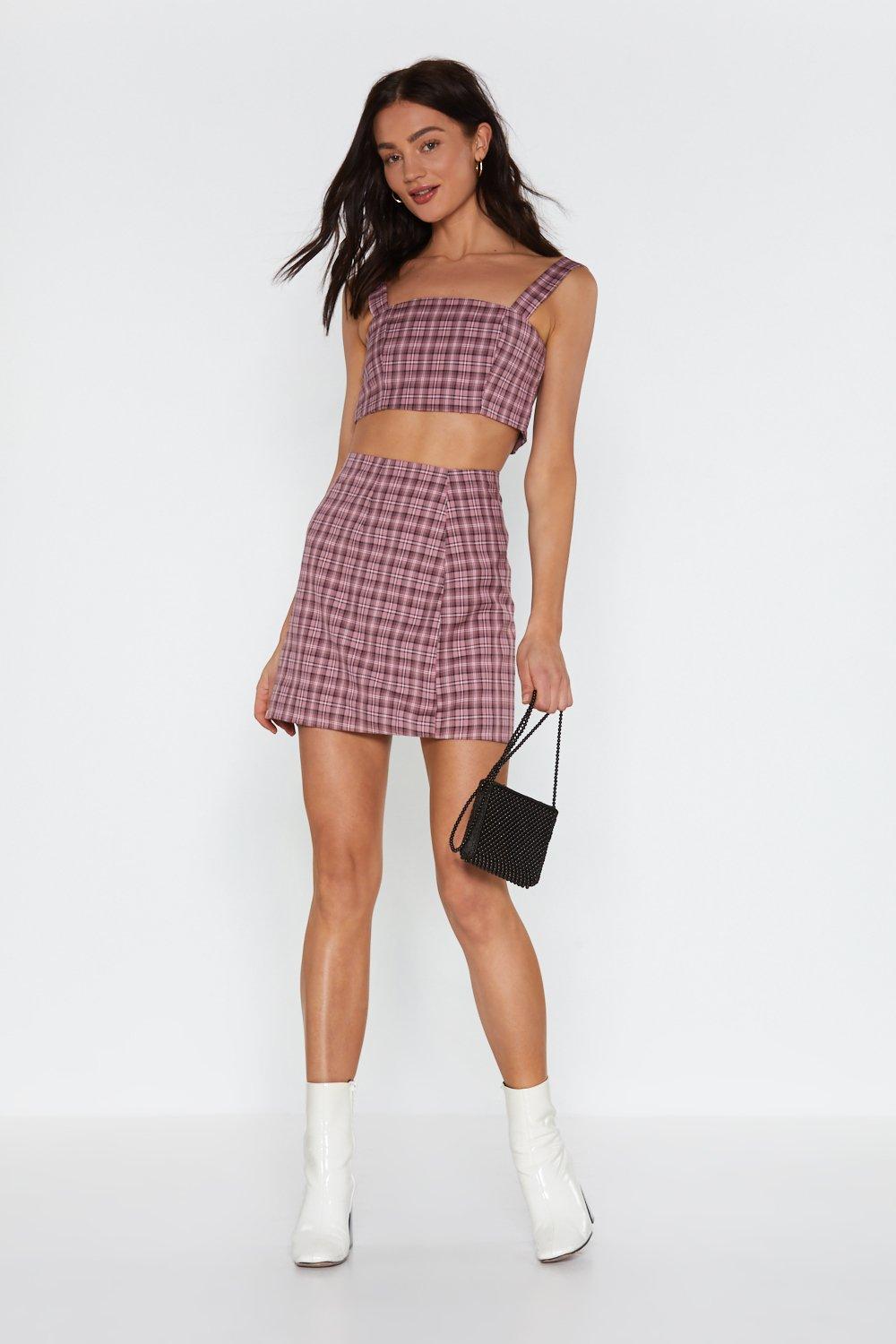 pink check print mini skirt